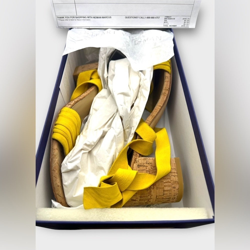 Stuart Weitzman Swiftycork Jonquil Yellow Suede Cork Heel Sandals Sz 7 M Box - Picture 6 of 8